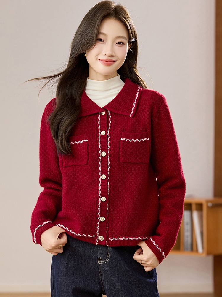 Chanelstyle knitted tops autumn red cardigan for women