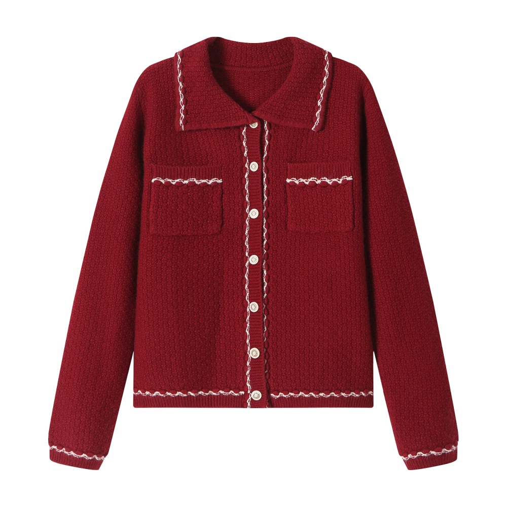 Chanelstyle knitted tops autumn red cardigan for women