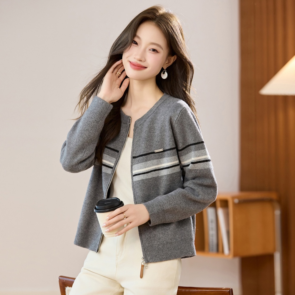 Autumn and winter slim tops stripe zip cardigan