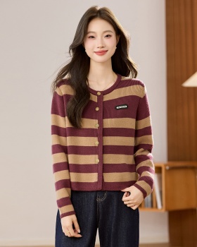 Knitted single-breasted coat stripe sweater for women