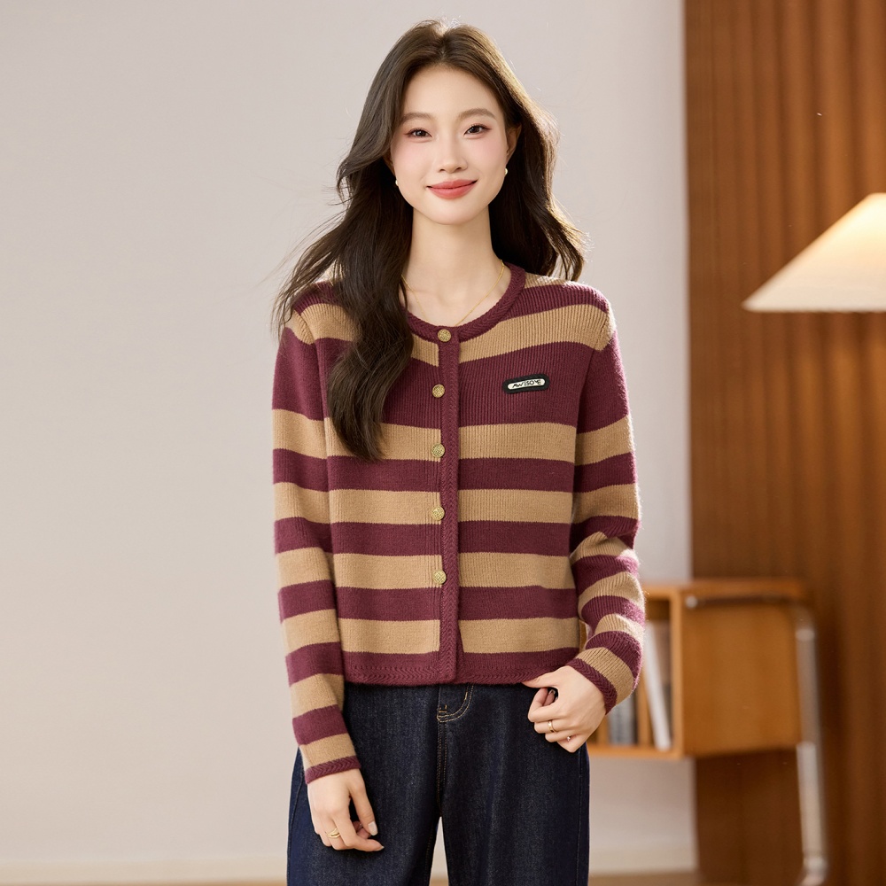 Knitted single-breasted coat stripe sweater for women
