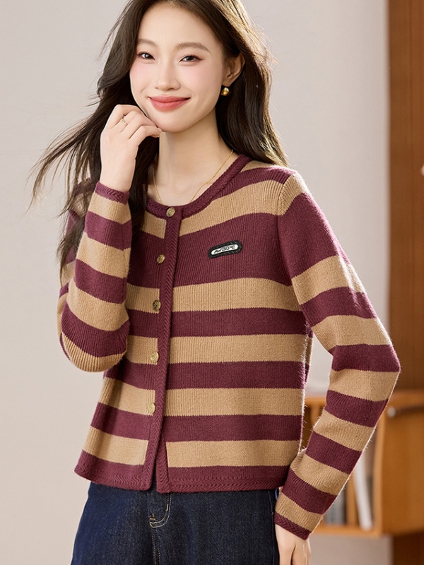 Knitted single-breasted coat stripe sweater for women