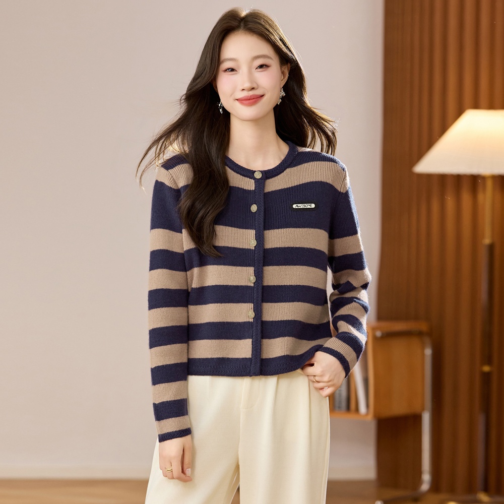 Knitted single-breasted coat stripe sweater for women