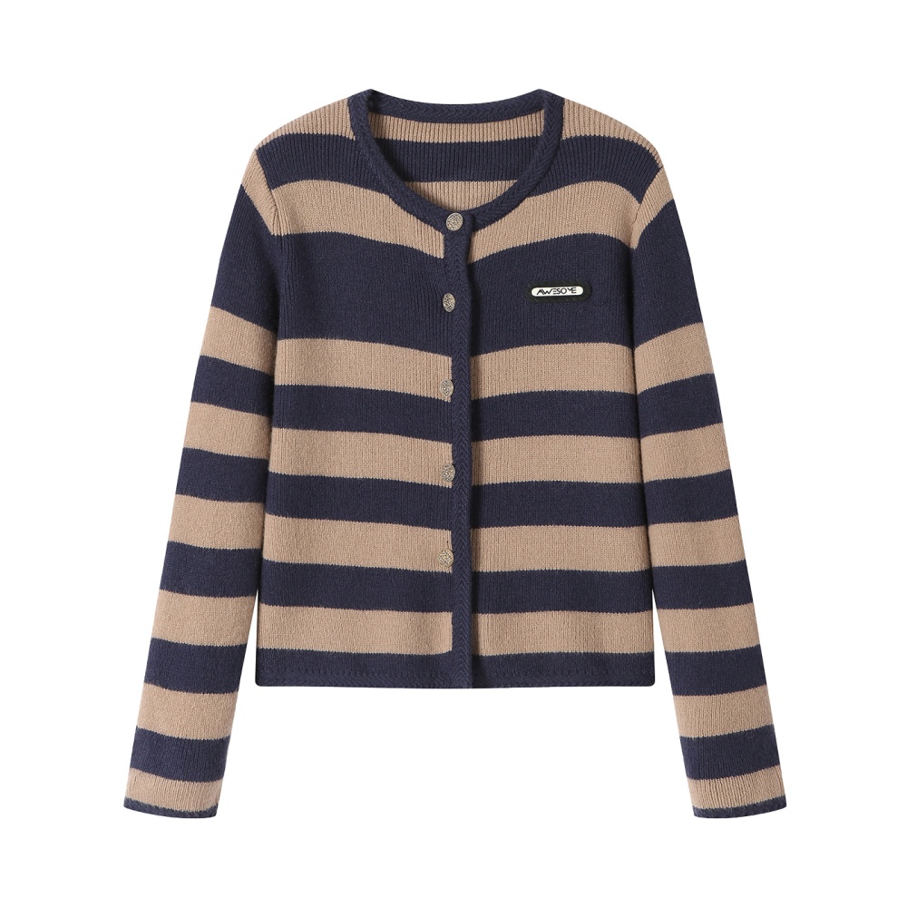Knitted single-breasted coat stripe sweater for women