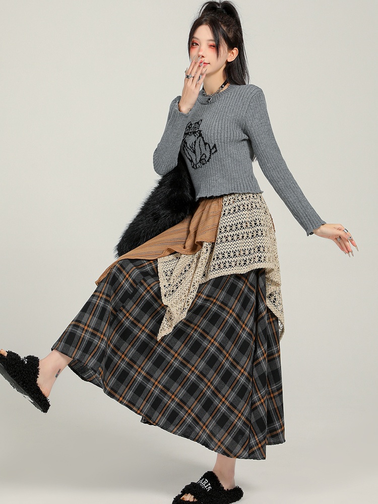 Mixed colors A-line plaid autumn and winter skirt for women
