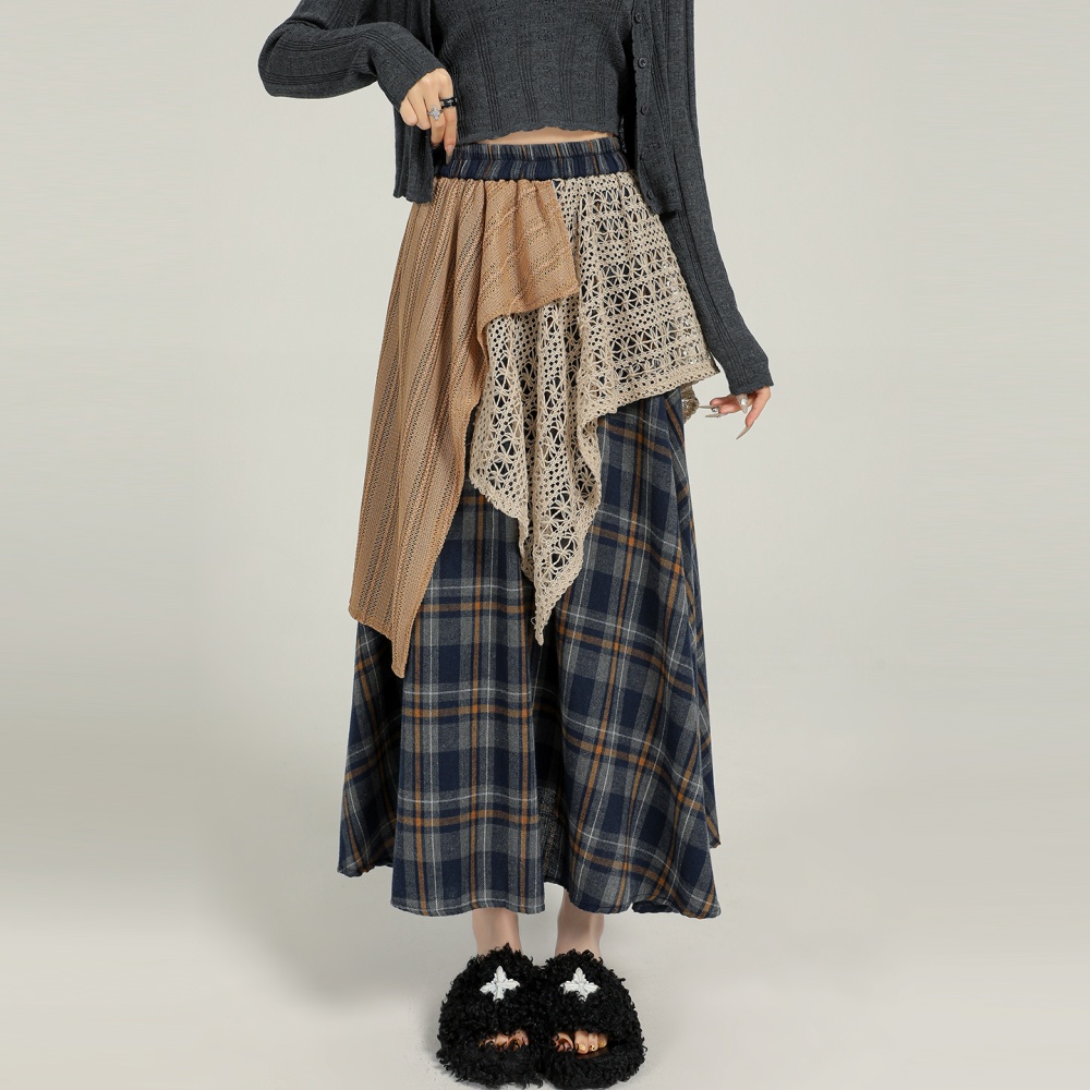 Mixed colors A-line plaid autumn and winter skirt for women