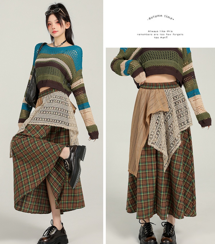Mixed colors A-line plaid autumn and winter skirt for women