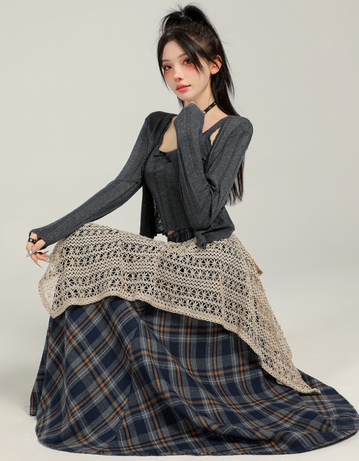 Mixed colors A-line plaid autumn and winter skirt for women