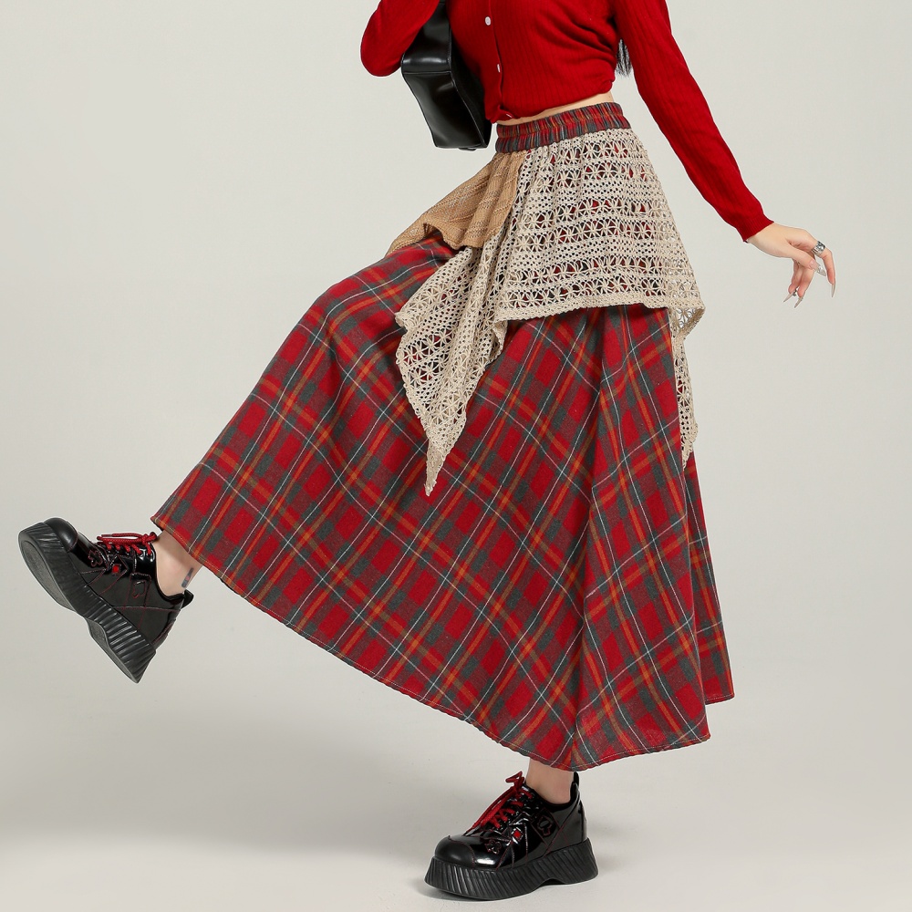 Mixed colors A-line plaid autumn and winter skirt for women