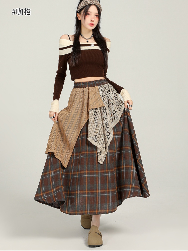 Mixed colors A-line plaid autumn and winter skirt for women
