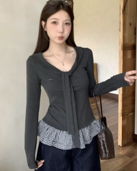 Pseudo-two long sleeve tops college style plaid T-shirt