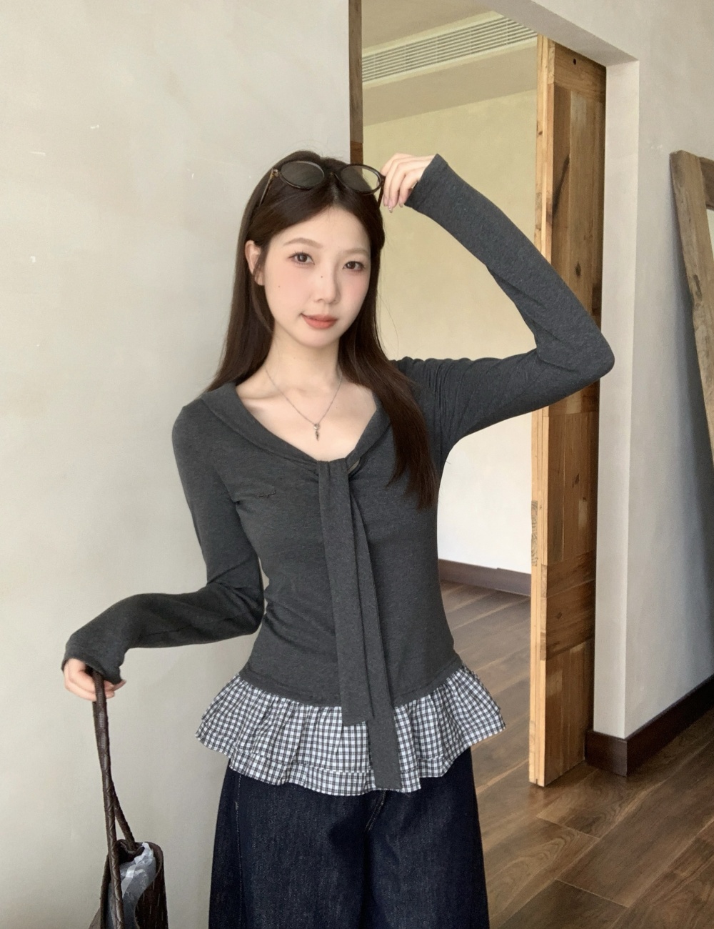 Pseudo-two long sleeve tops college style plaid T-shirt