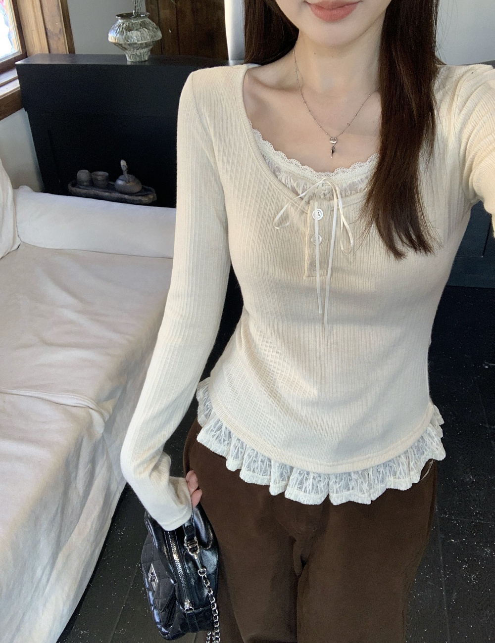 Large yard Pseudo-two T-shirt long sleeve tops