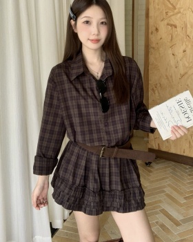 Korean style autumn shirt plaid shorts a set