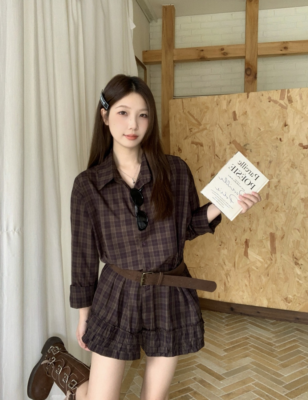 Korean style autumn shirt plaid shorts a set
