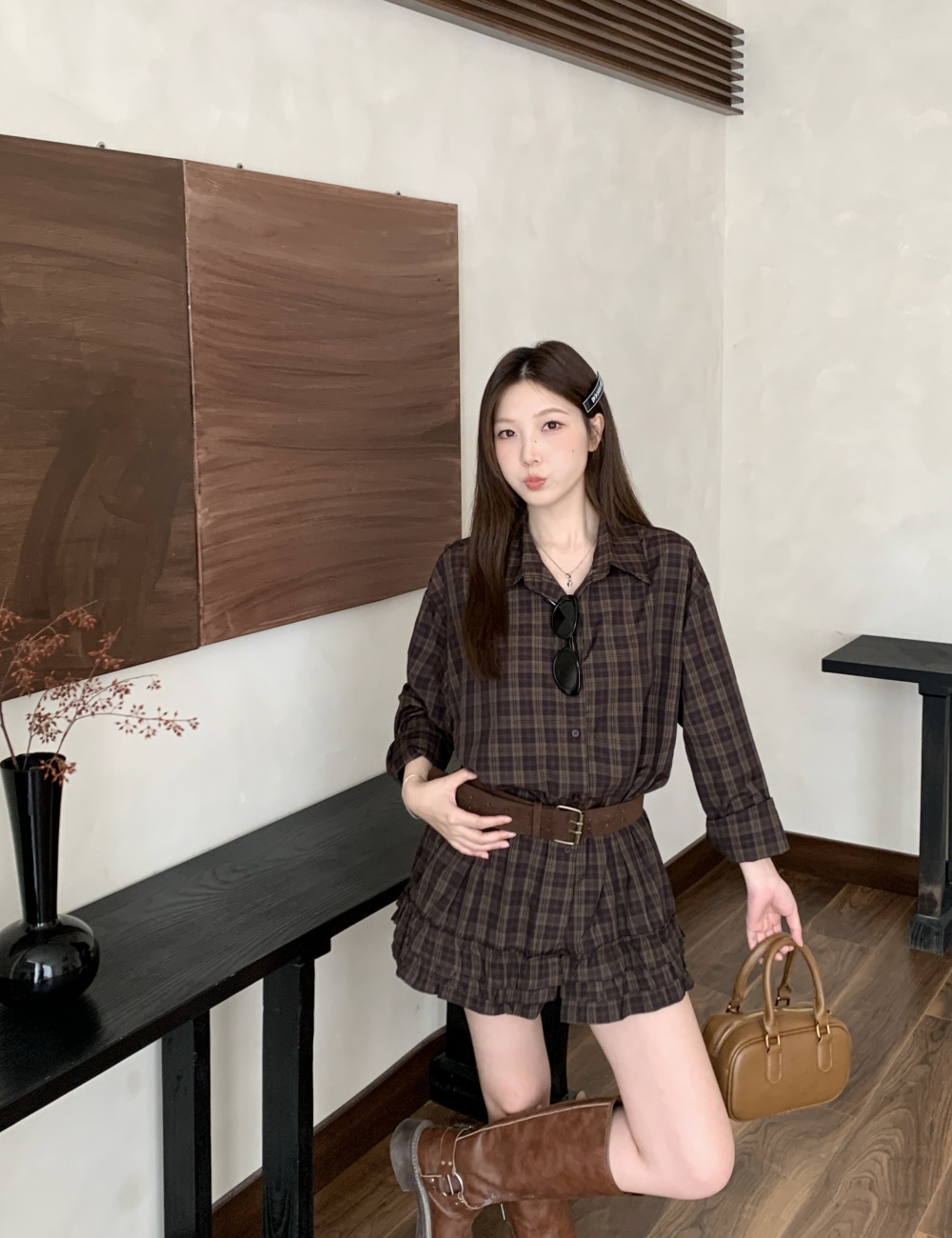 Korean style autumn shirt plaid shorts a set