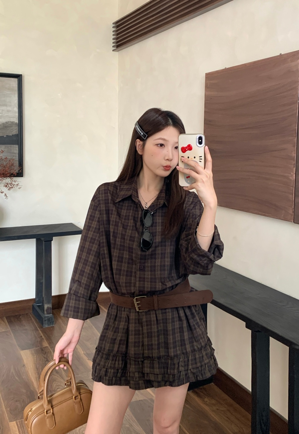 Korean style autumn shirt plaid shorts a set