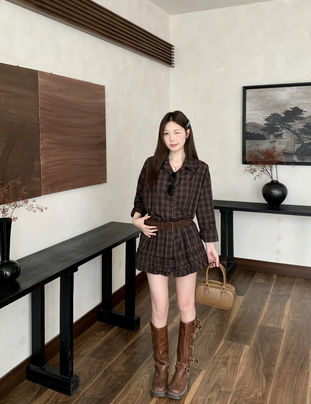 Korean style autumn shirt plaid shorts a set