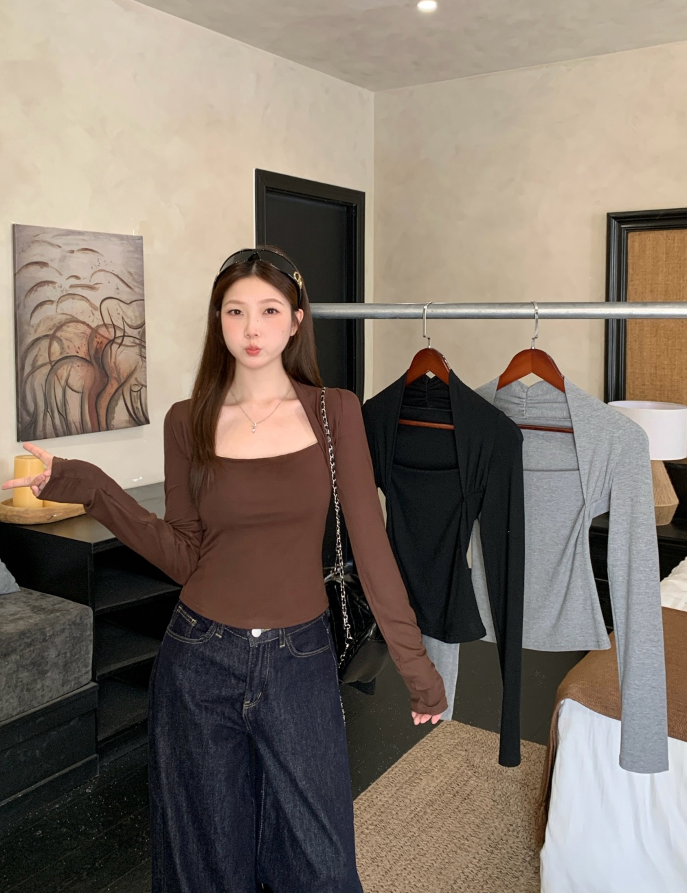 Long sleeve enticement bottoming tops slim large yard T-shirt