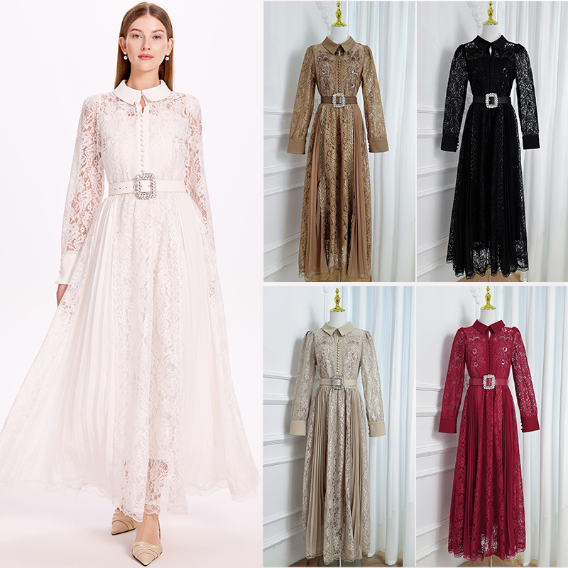 Chiffon temperament crinkling dress lace splice belt