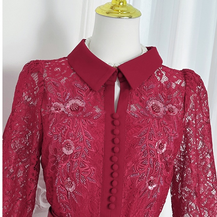 Chiffon temperament crinkling dress lace splice belt
