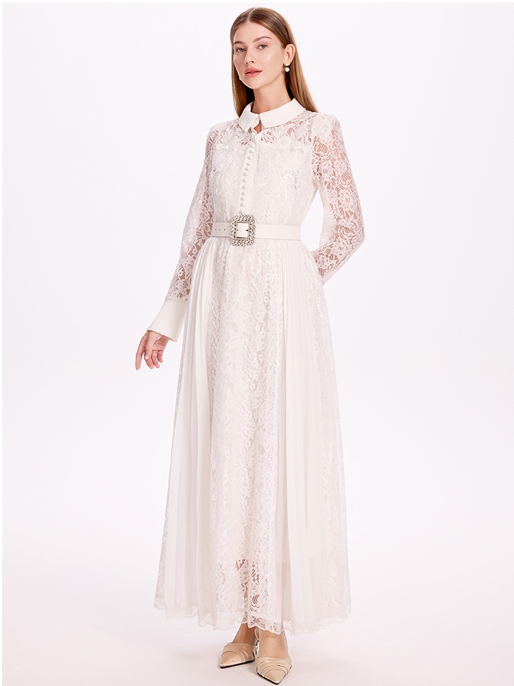 Chiffon temperament crinkling dress lace splice belt