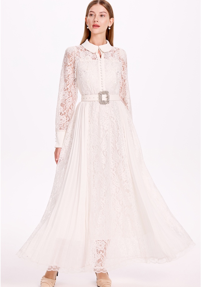 Chiffon temperament crinkling dress lace splice belt