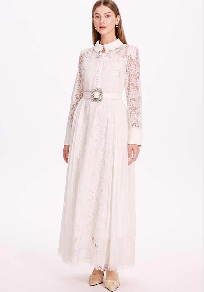 Chiffon temperament crinkling dress lace splice belt