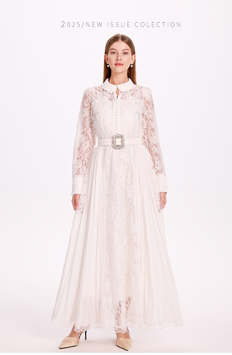 Chiffon temperament crinkling dress lace splice belt