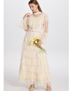 Lace France style diamond temperament pinched waist dress