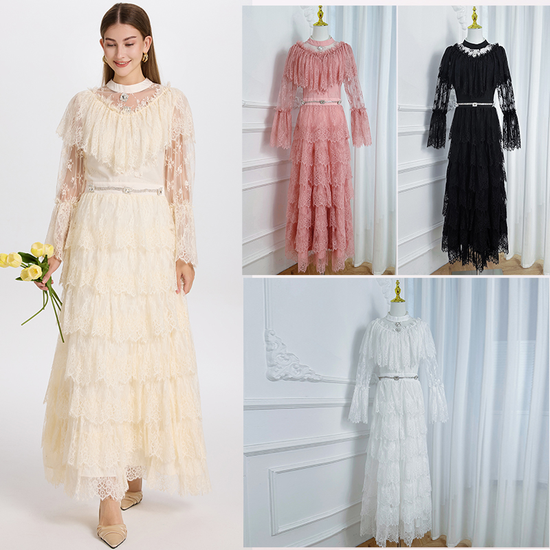 Lace France style diamond temperament pinched waist dress
