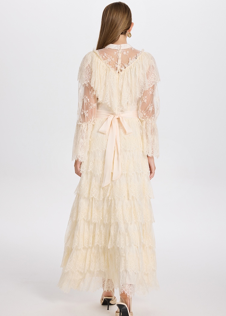 Lace France style diamond temperament pinched waist dress