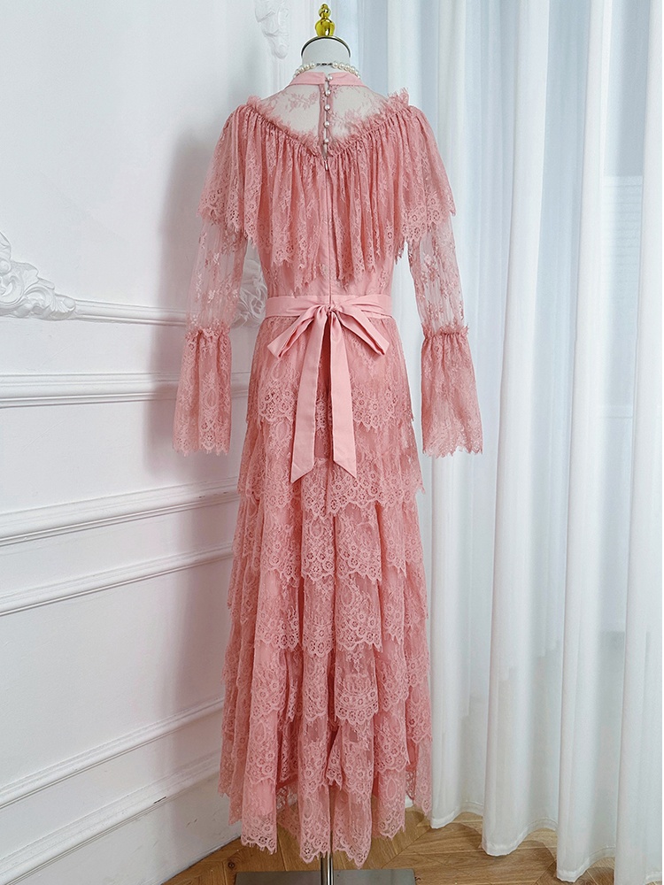 Lace France style diamond temperament pinched waist dress