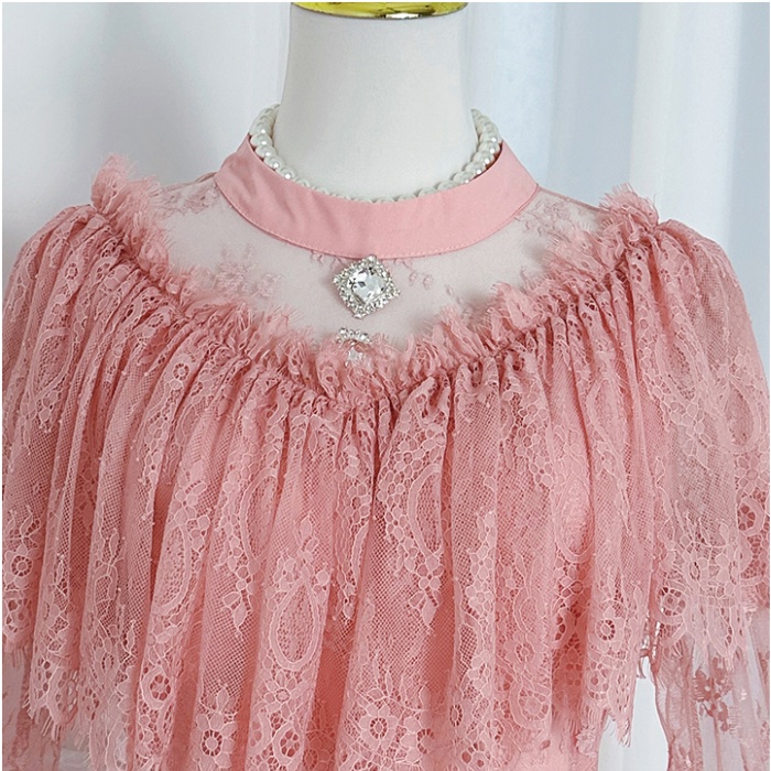 Lace France style diamond temperament pinched waist dress