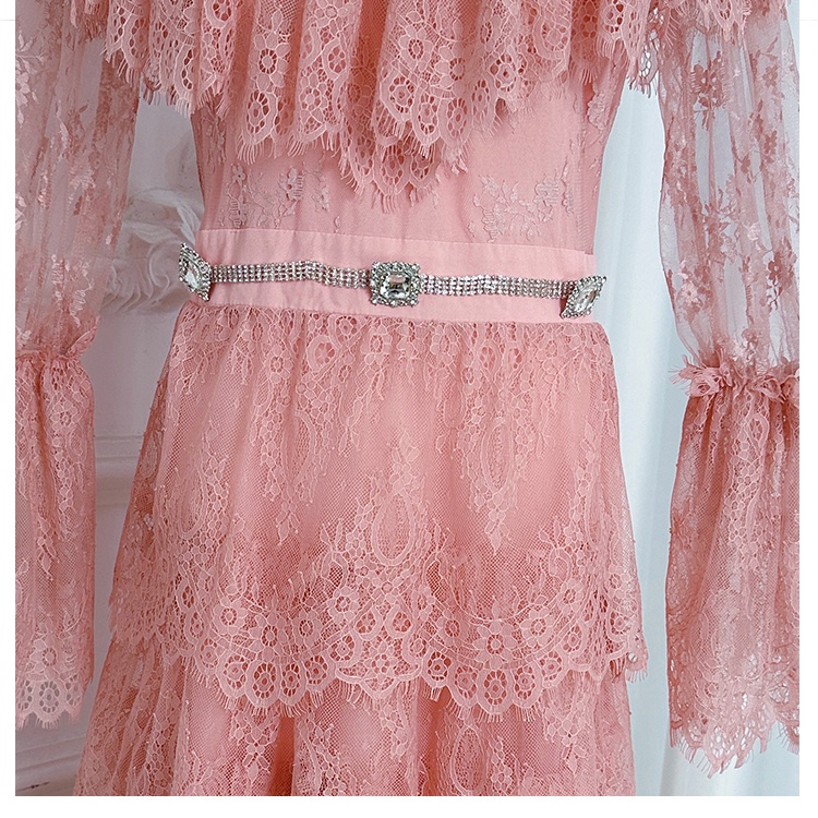 Lace France style diamond temperament pinched waist dress