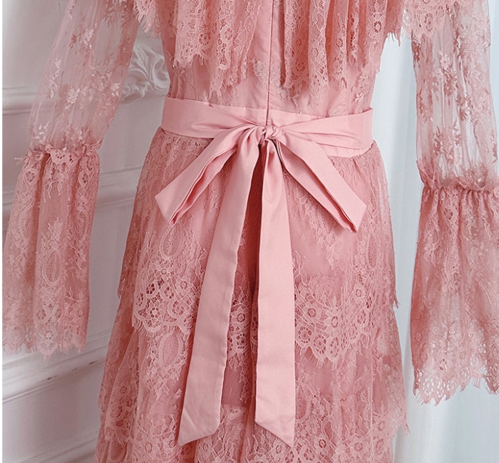 Lace France style diamond temperament pinched waist dress