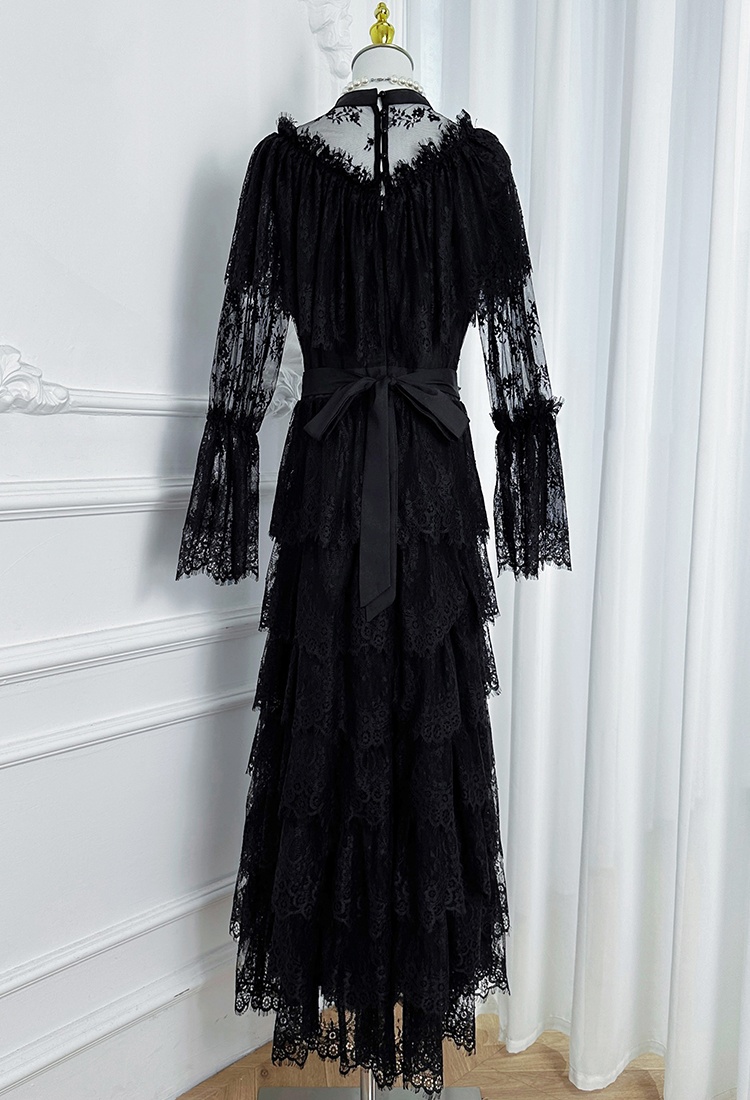 Lace France style diamond temperament pinched waist dress
