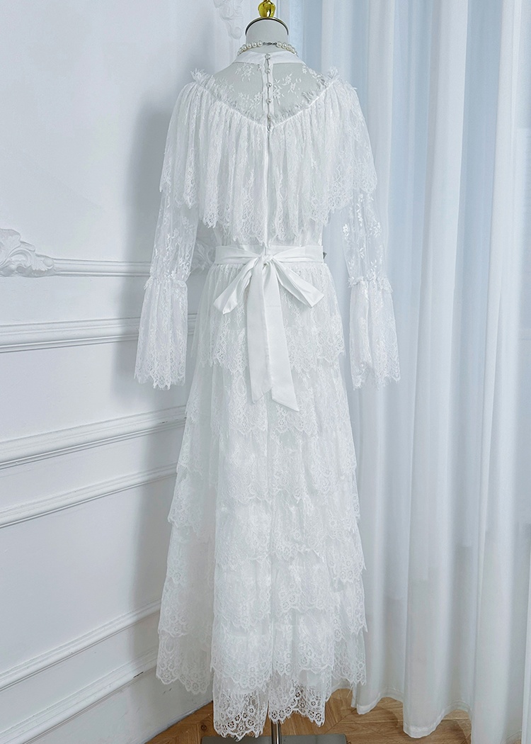 Lace France style diamond temperament pinched waist dress