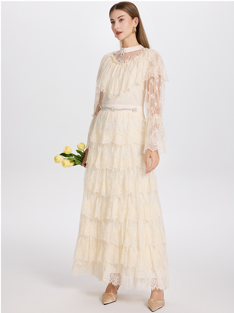 Lace France style diamond temperament pinched waist dress