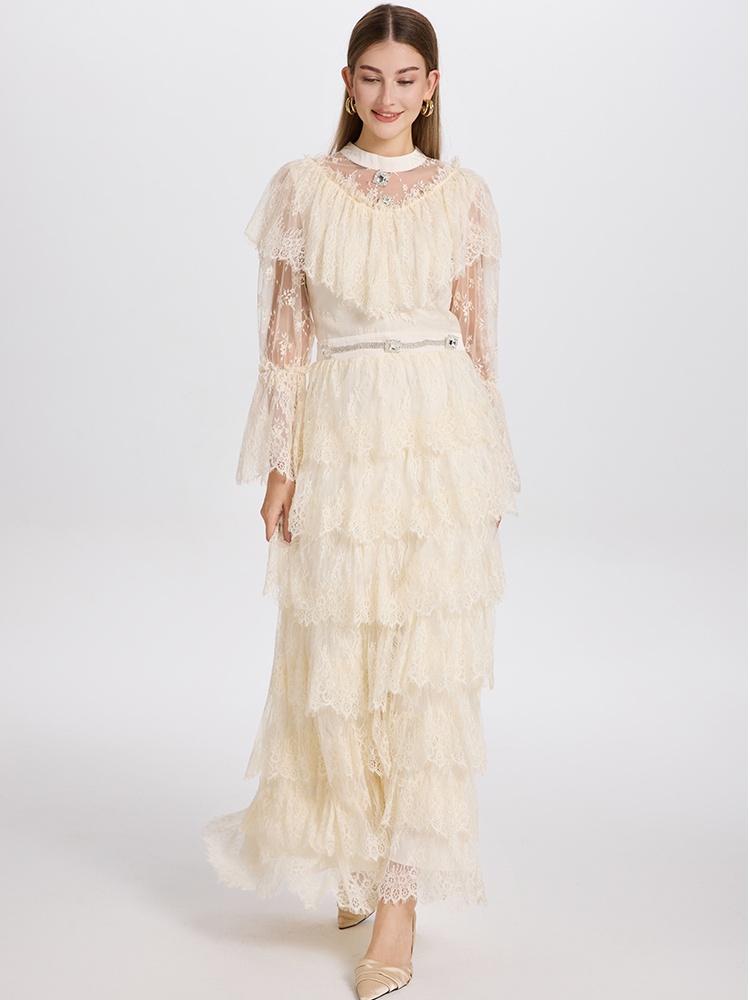 Lace France style diamond temperament pinched waist dress