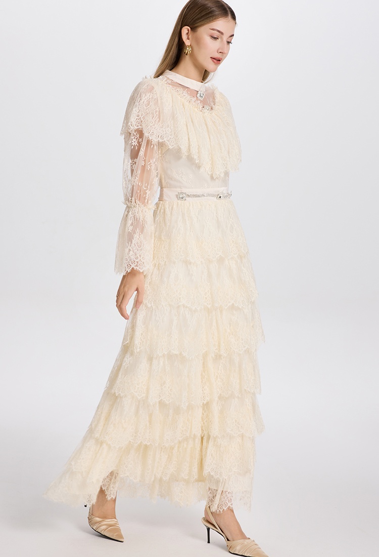 Lace France style diamond temperament pinched waist dress