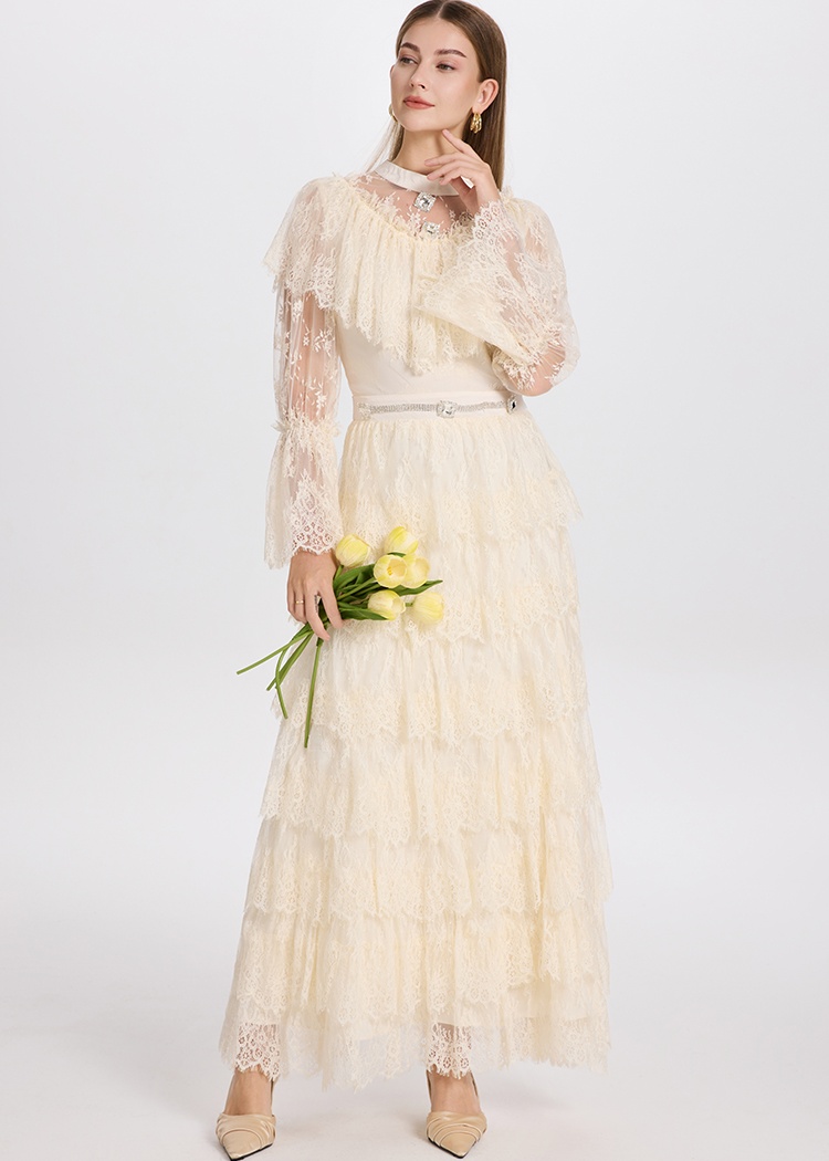 Lace France style diamond temperament pinched waist dress