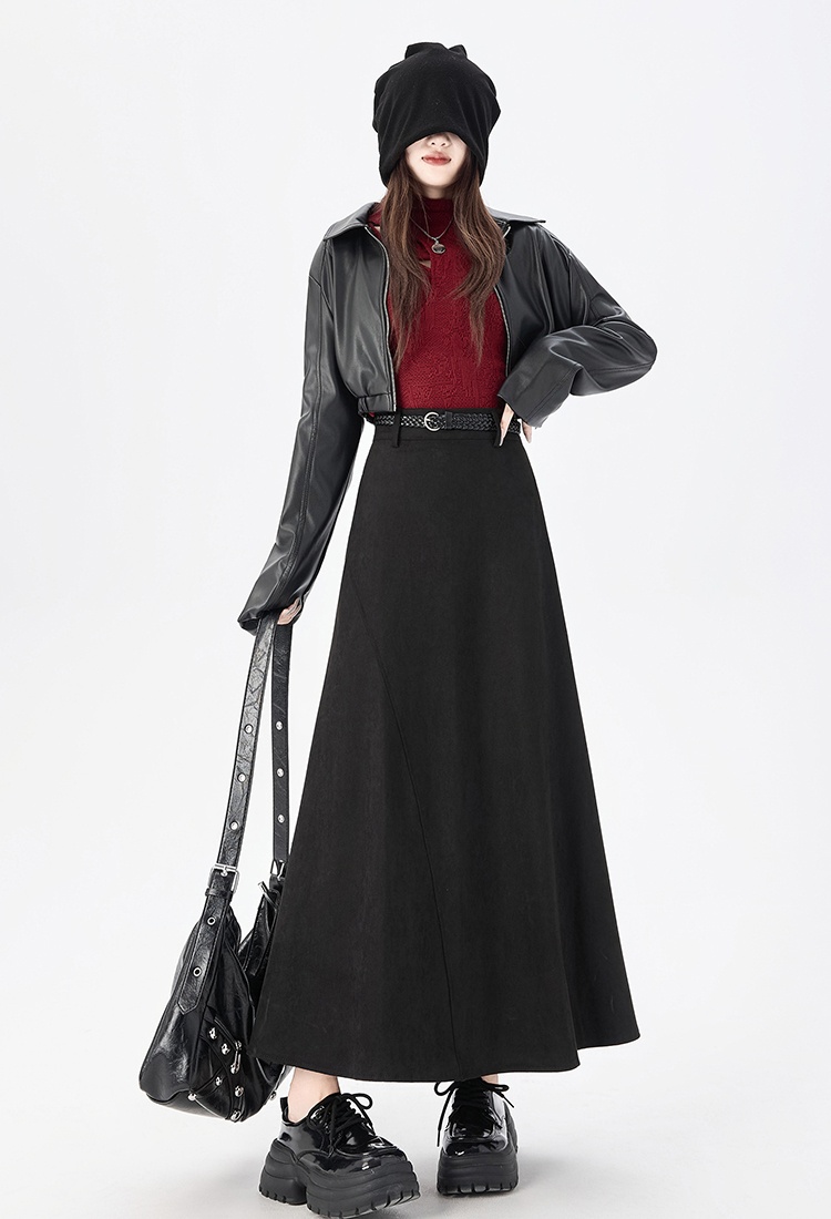 Long autumn and winter skirt leather cashmere belt