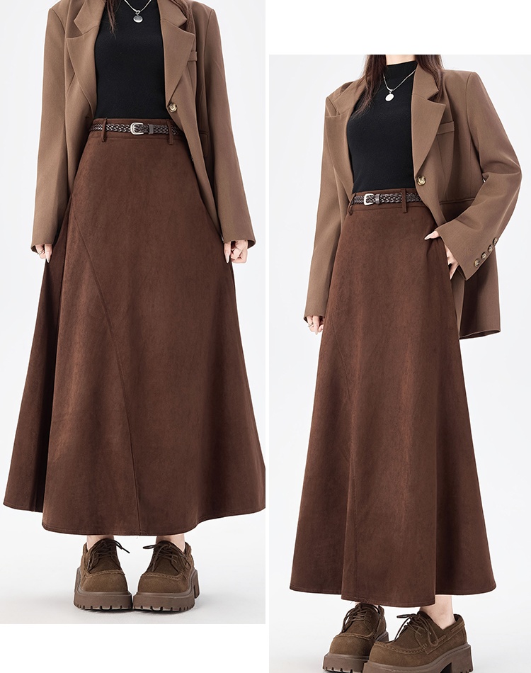 Long autumn and winter skirt leather cashmere belt