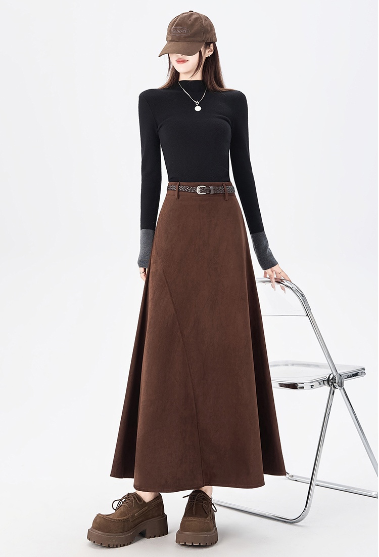 Long autumn and winter skirt leather cashmere belt