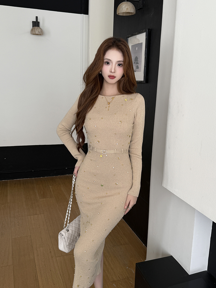Package hip knitted dress sequins long dress for women