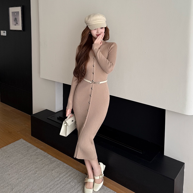Knitted slim belt long sleeve single-breasted sweater