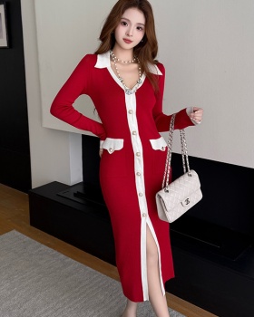 Package hip slim single-breasted V-neck dress for women