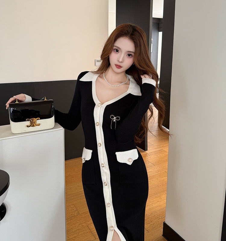 Package hip slim single-breasted V-neck dress for women