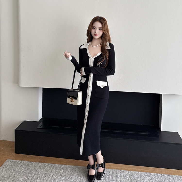 Package hip slim single-breasted V-neck dress for women